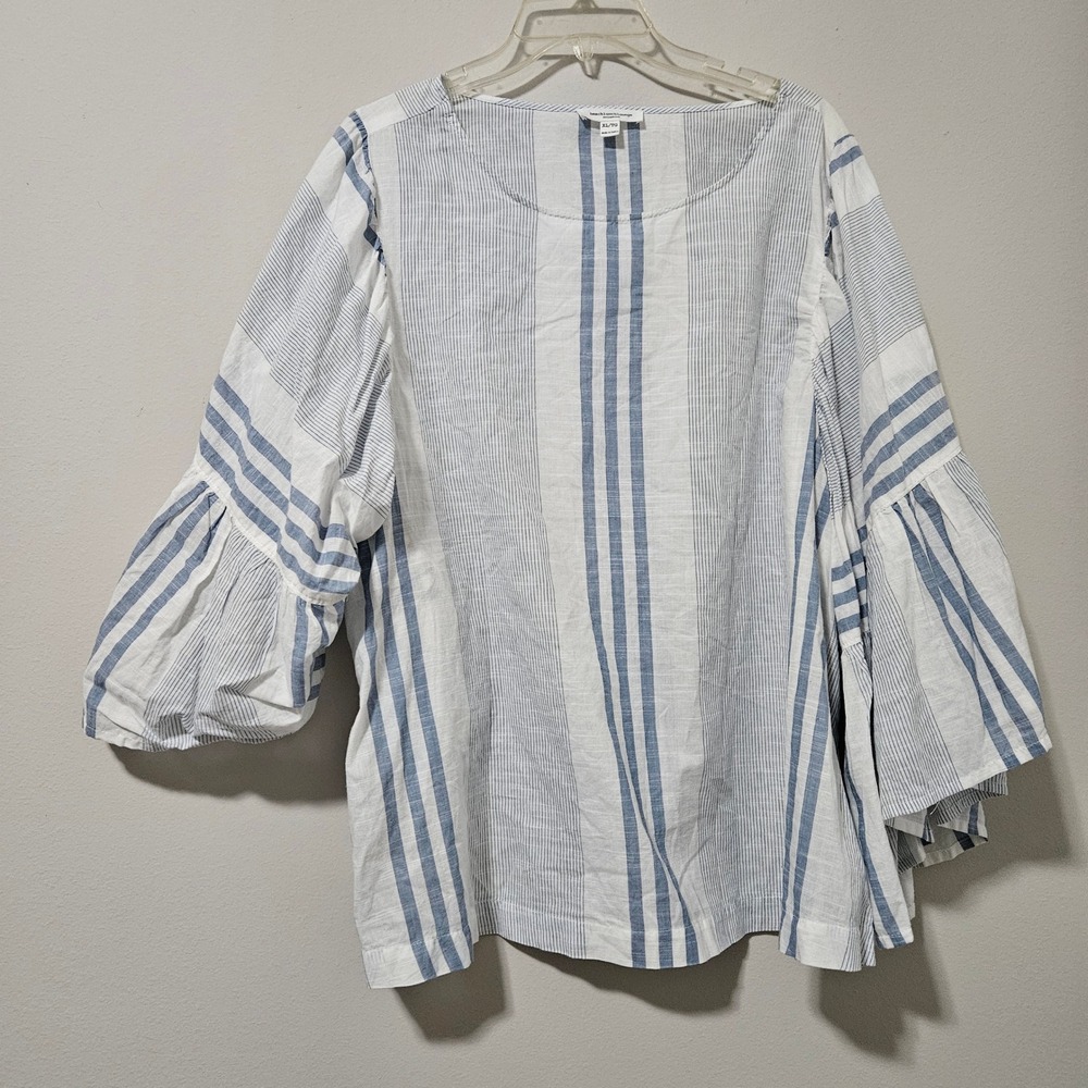Beachlunchlounge Blue‎ White Striped Tiered Bell Sleeve Cotton Blouse XL